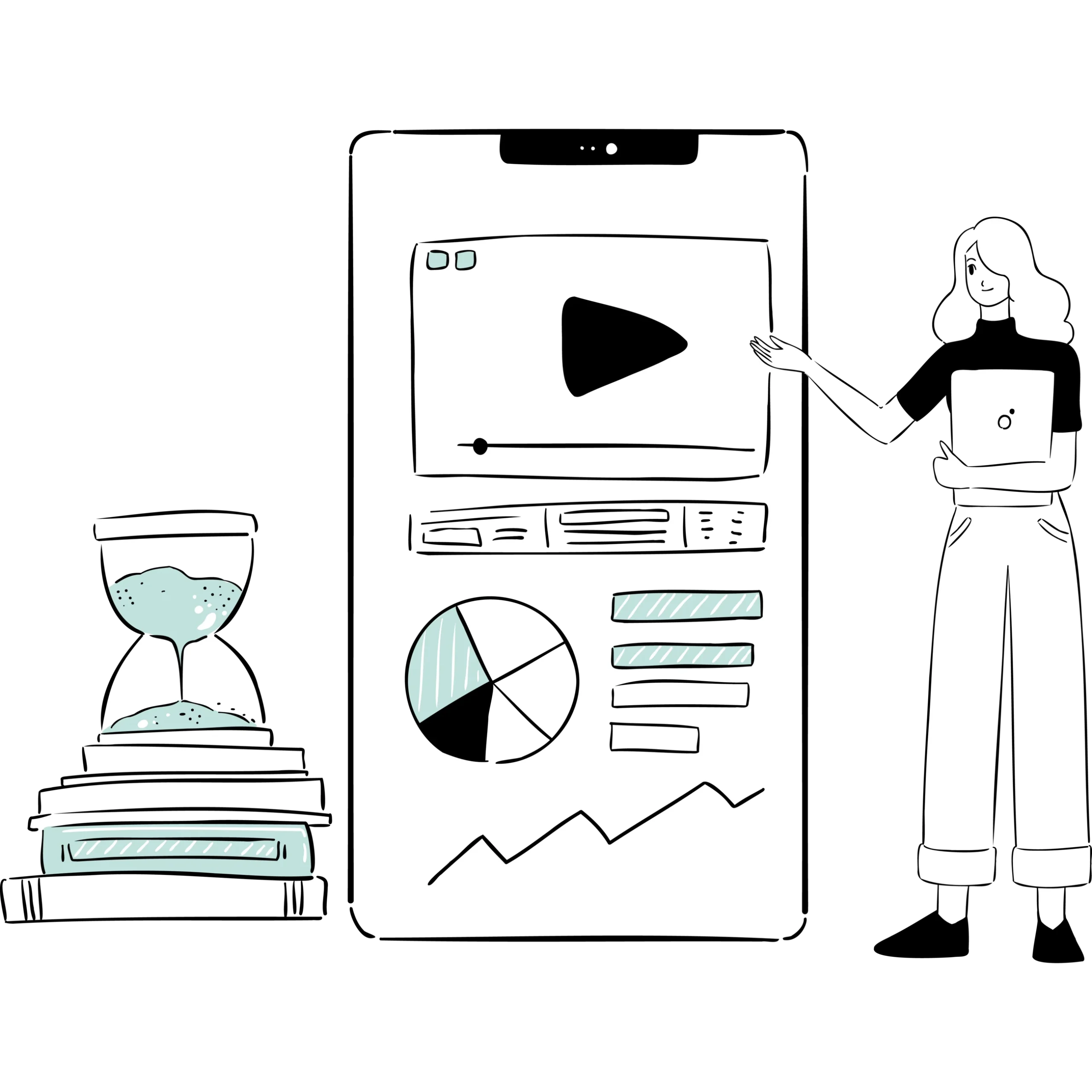 Illustration handgezeichnet zeigt einen Mann, der auf einem überdimensional großen Smartphone-Display auf Skalen und Auswertungen zeigt, während auf der anderen Seite des Screens eine junge Frau im Schneidersitz in einem Laptop arbeitet