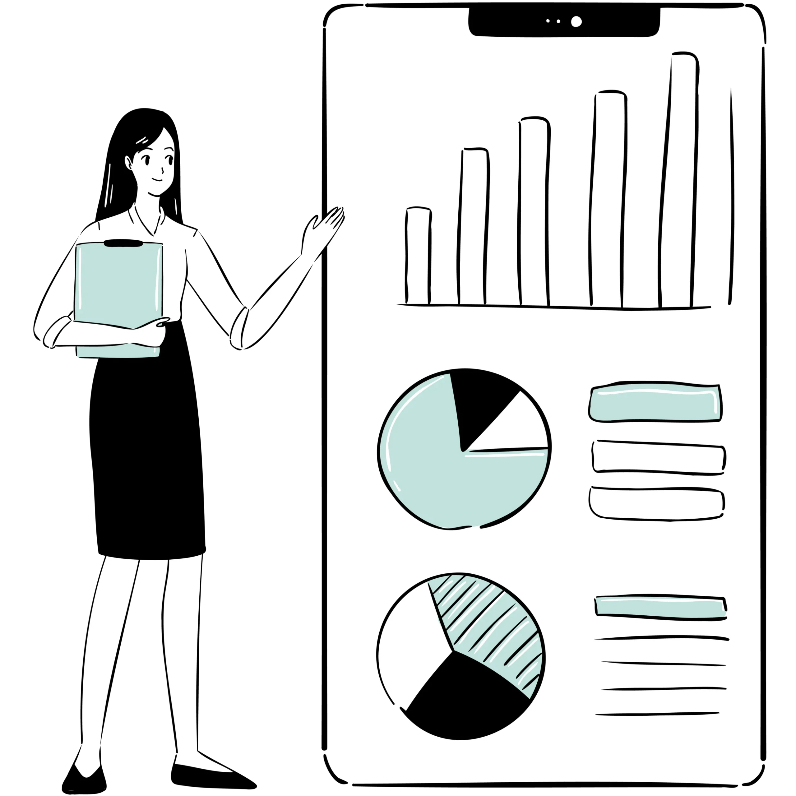 Illustration handgezeichnet zeigt eine Frau, die neben einem überdimensional großen Smartphone-Display mit Skalen und Auswertungen steht und darauf zeigt.