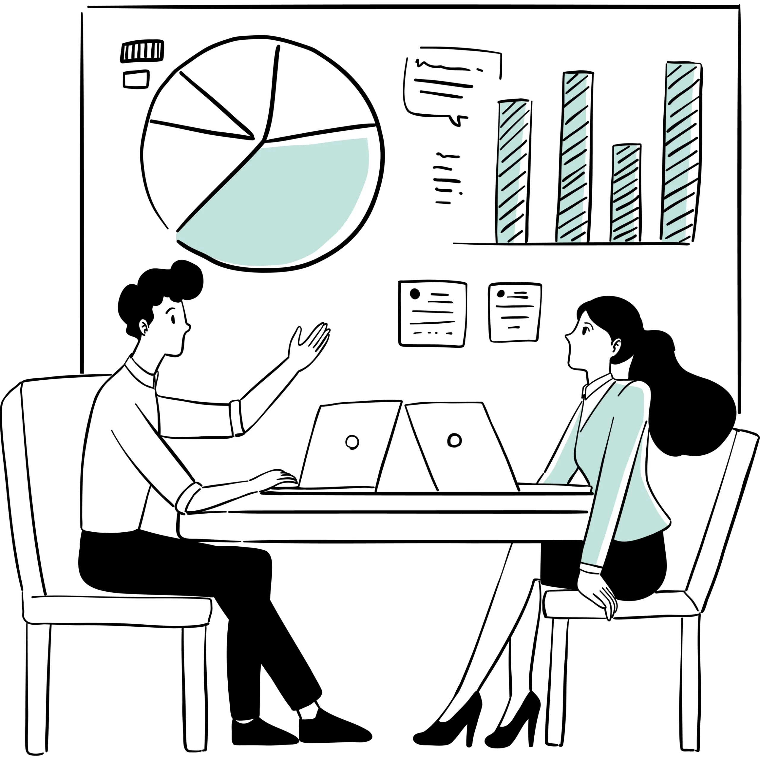 handgezeichnete Illustration zeigt einen Mann und eine Frau an einem Tisch sitzend, mit ihren Laptops vor ihnen geöffnet. Hinter dem Schreibtisch befindet sich eine große Wand mit diversen Diagrammen, auf die der Mann zeigt