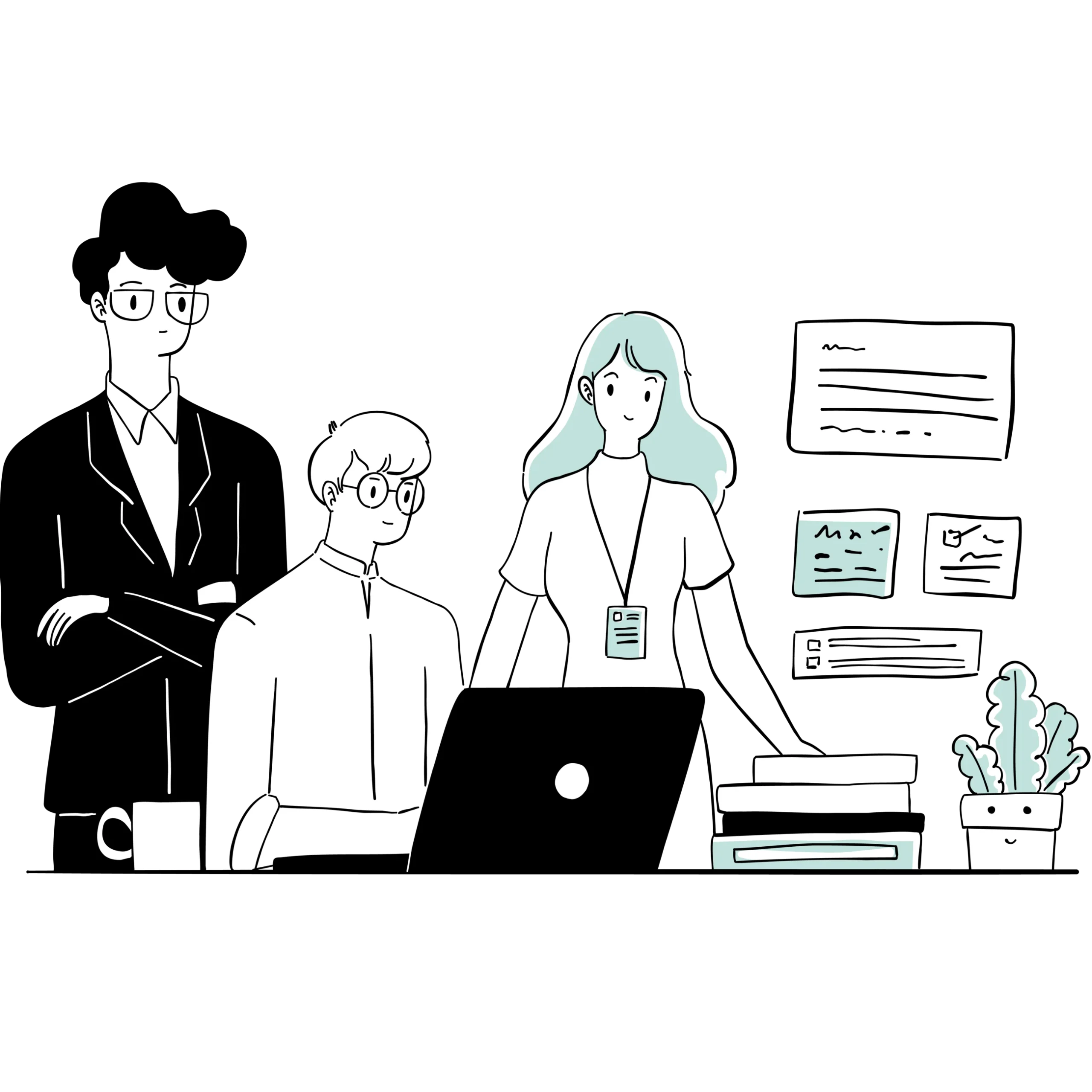 Illustration handgezeichnet zeigt drei Personen, die in einem Büro gemeinsam auf den Bildschirm eines Laptops schauen