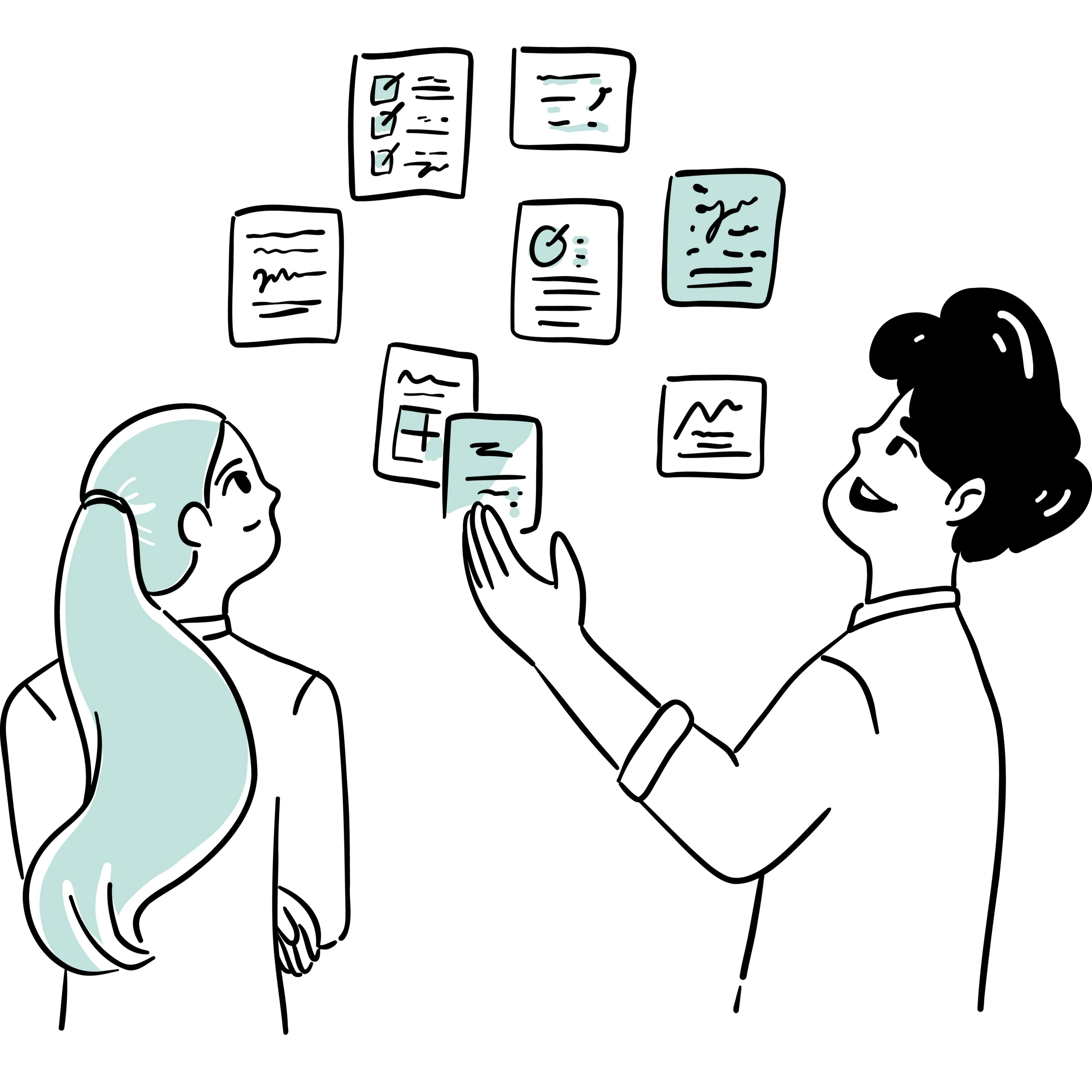 Handgezeichnete Illustration zeigt zwei Personen, einen Mann und eine Frau im Halbprofil von hinten, vor ihnen eine Wand mit Post-its, die sie gemeinsam bearbeiten