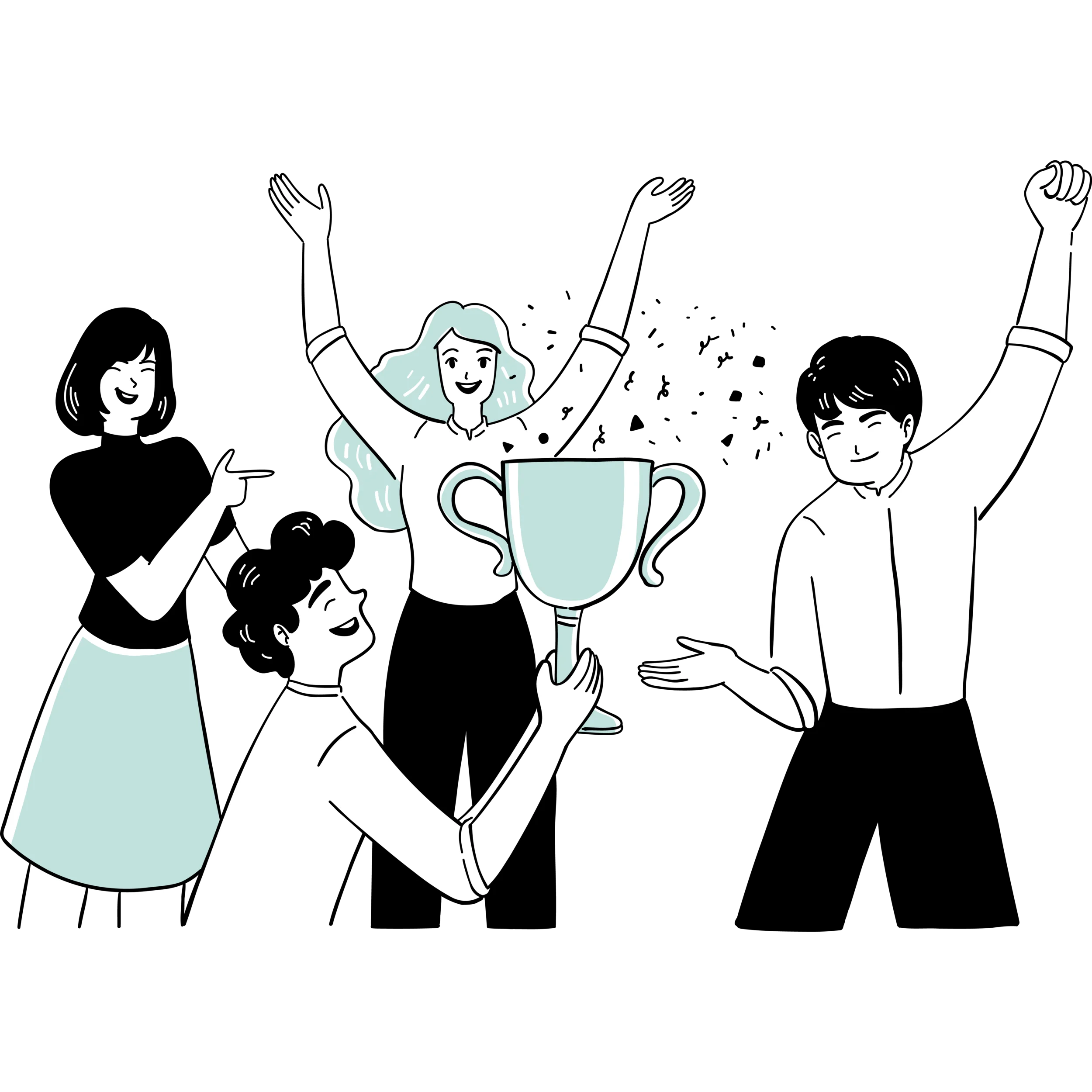 handgezeichnete Illustration zeigt ein Team aus fünf Personen (Männer und Frauen), die gemeinsam einen Erfolg feiern. Symbolisch halten sie einen Pokal in die Höhe und Konfetti wird gestreut.