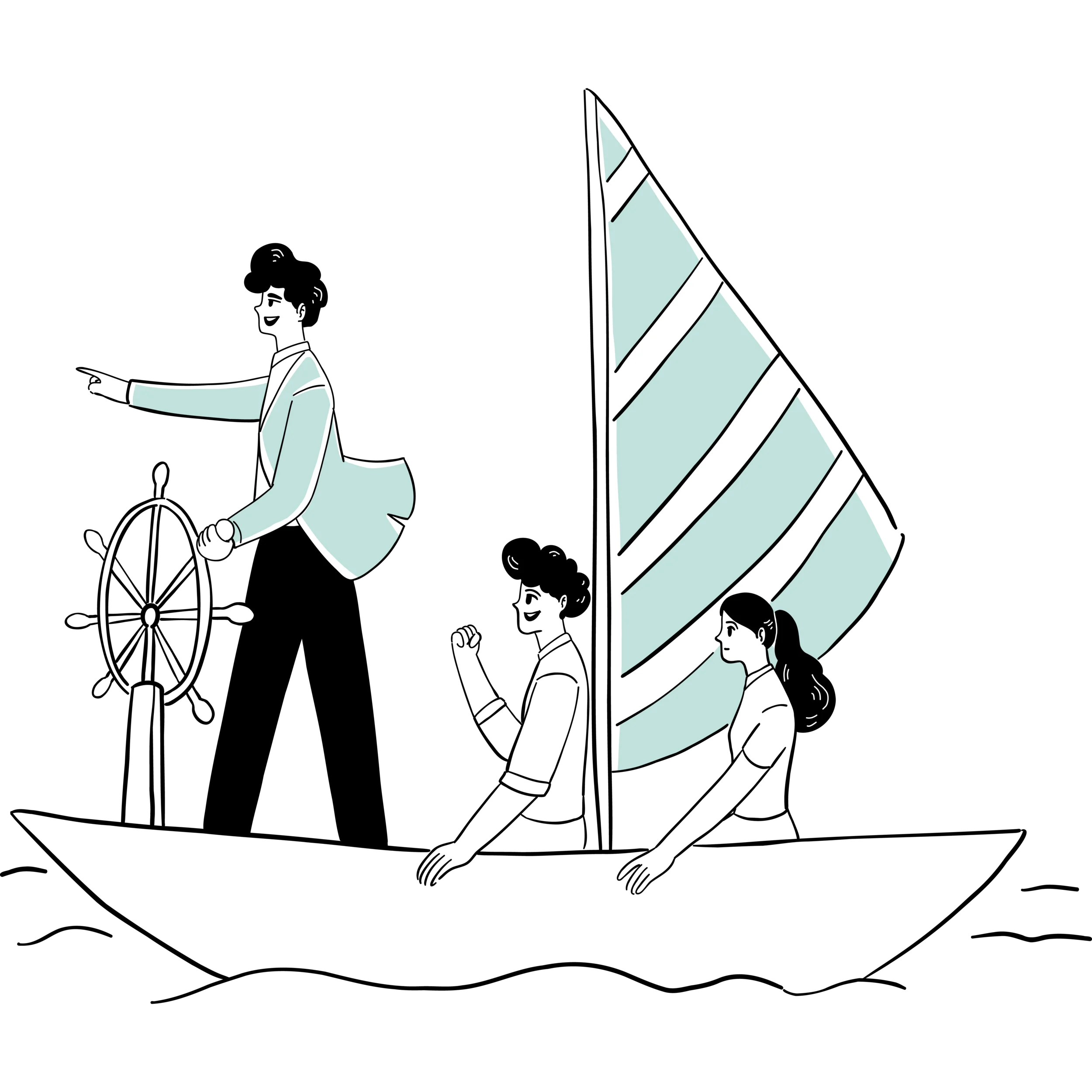 handgezeichnete Illustration zeigt ein kleines Segelboot mit einem Steuerrad am Bug. ein Mann steht am Steuerrad und zeigt nach vorn, im Boot neben dem Segel sitzen zwei Teamkollegen - das Bild symbolisiert Teamarbeit