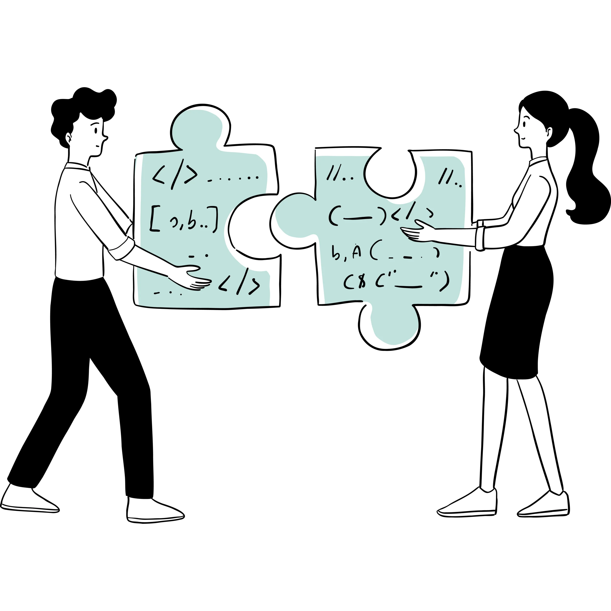 handgezeichnete Illustration zeigt einen Mann und eine Frau mit jeweils einem riesigen Puzzlestück, das sie gerade zusammenfügen.