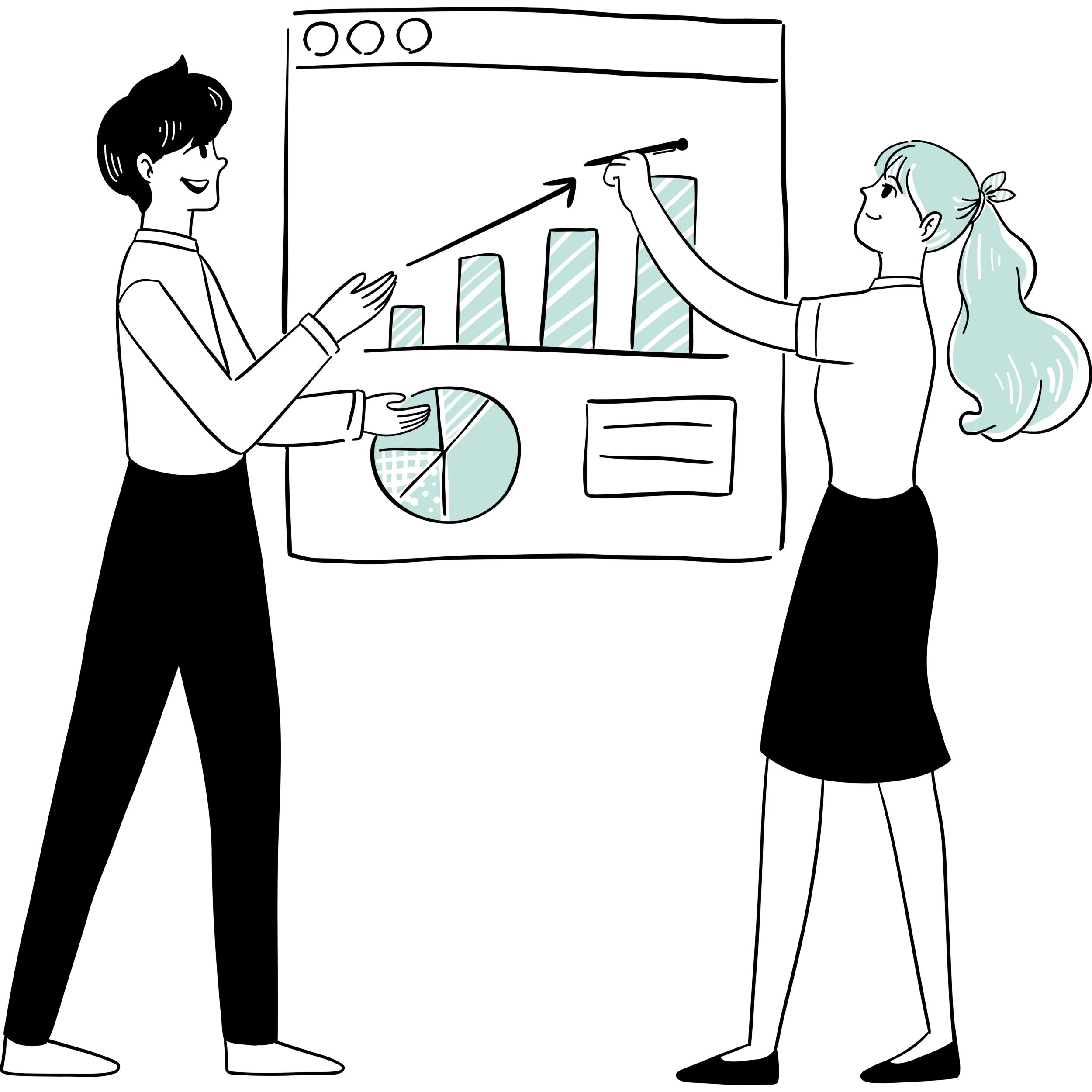 Illustration handgezeichnet zeigt einen Mann und eine Frau, die beide auf einen überdimensional großen Smartphone-Display mir diversen Skalen und Auswertungen zeigen